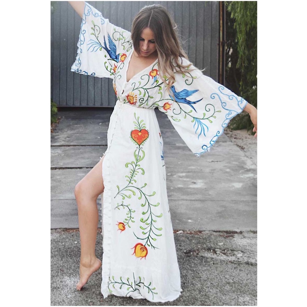 Boho Embroidered Hearts Floral Birds Long Maxi Kimono Dress - Picture 12 of 16